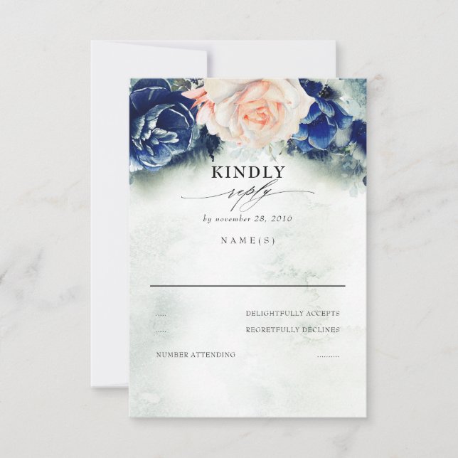 Peach and Navy Blue Floral Wedding RSVP Card (Front)