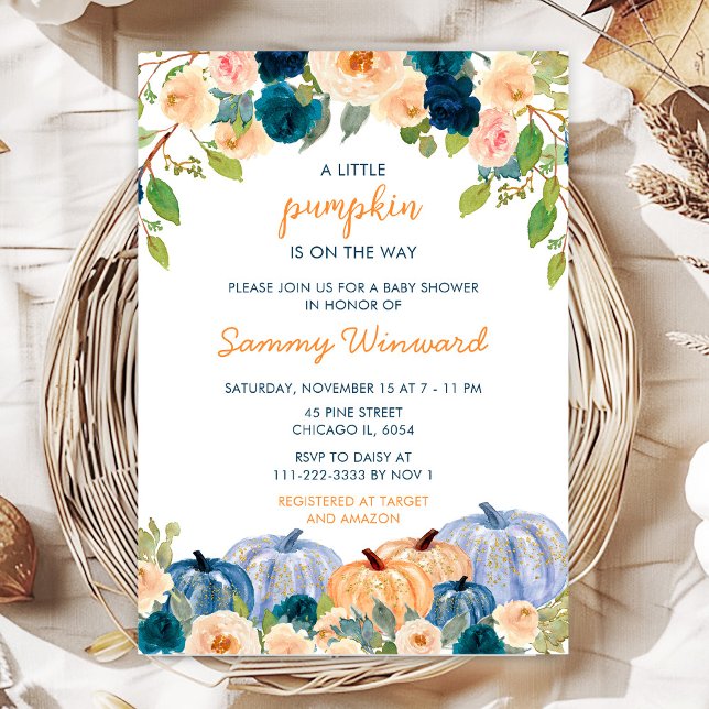 Peach and Navy Blue Pumpkins Baby Shower Invitation (Creator Uploaded)