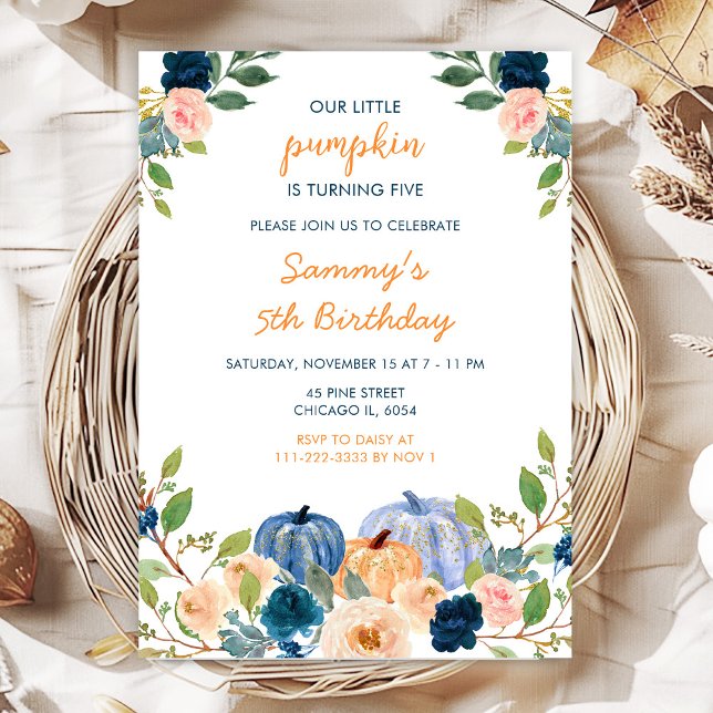 Peach and Navy Blue Pumpkins Birthday Party Invitation (Creator Uploaded)
