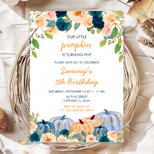 Peach and Navy Blue Pumpkins Birthday Party Invitation