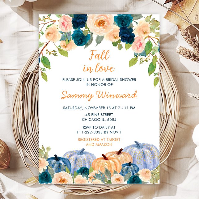 Peach and Navy Blue Pumpkins Bridal Shower Invitation (Creator Uploaded)
