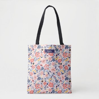 Peach And Navy Floral Monogram Tote Bag by Letsrendevoo at Zazzle