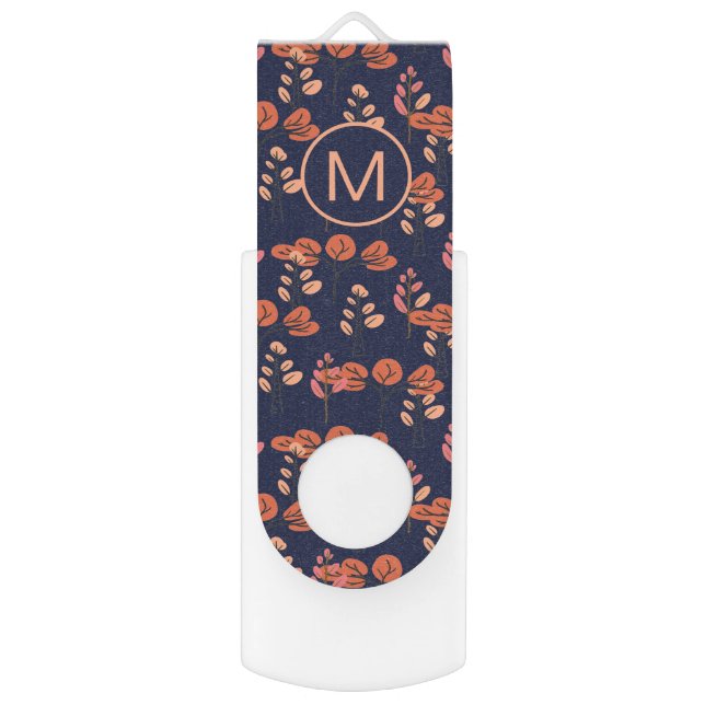 Peach and Navy Modern Floral Pattern Monogram  Flash Drive (Front Vertical)