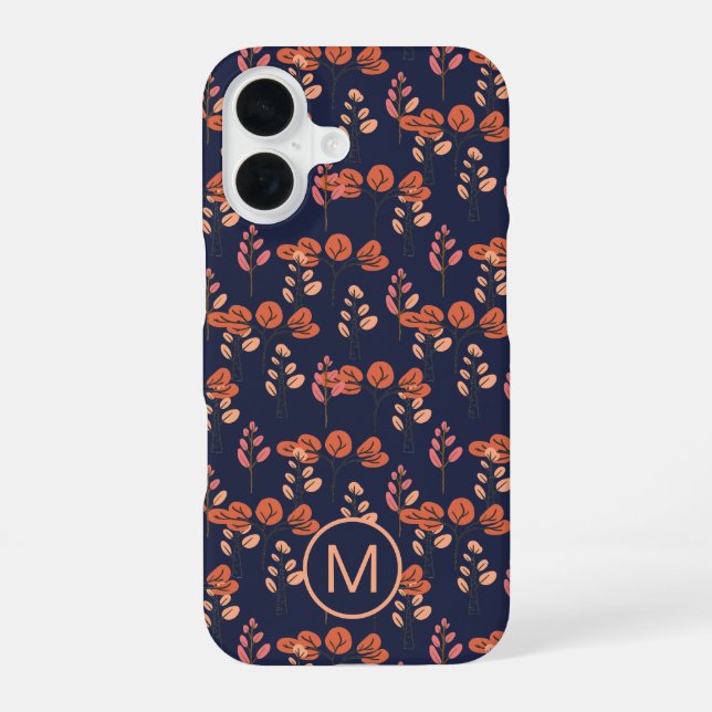 Peach and Navy Modern Floral Pattern Monogram Iphone Case (Back)