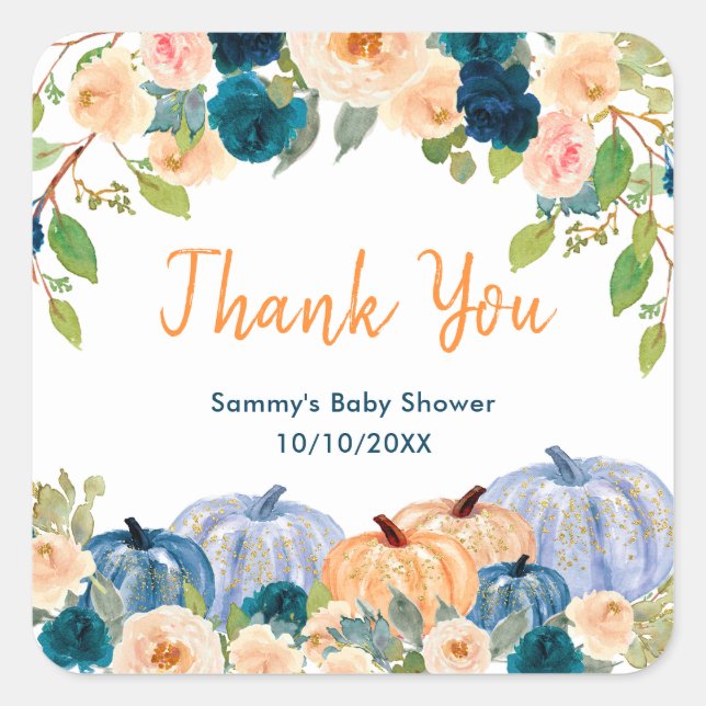 Peach and Navy Pumpkins Bridal Shower Thank You Square Sticker (Front)