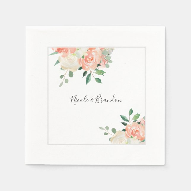 Peach and Off-White Watercolor Floral Wedding Napkins (Front)
