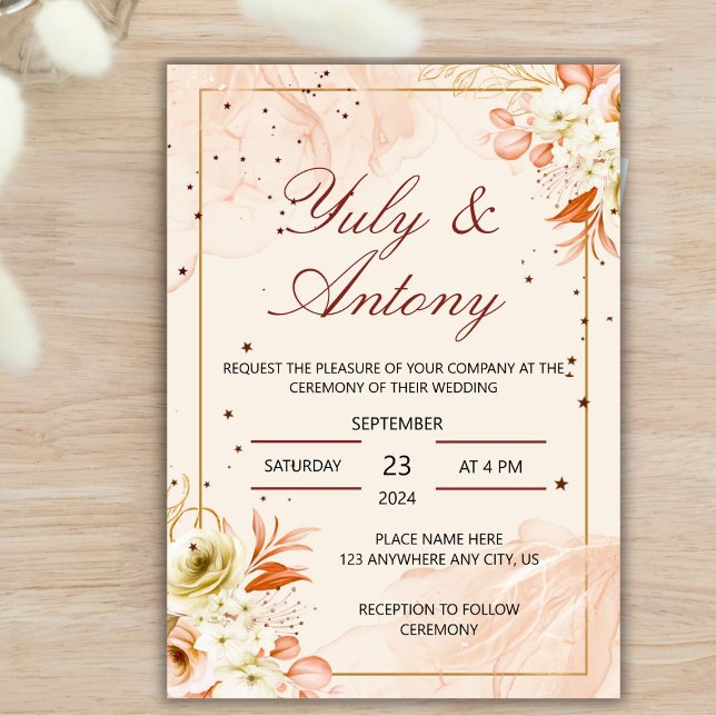 Peach and Orange Modern Trendy wedding Invite (Tarjeta color naranja claro y durzno floral para boda)