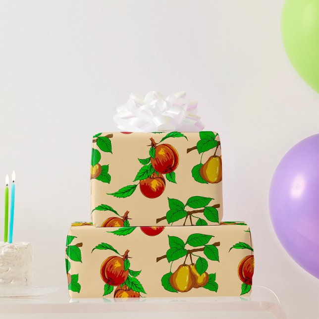 Peach and Pear Fruit Pattern Rustic Botanical Wrapping Paper (Creator Uploaded)