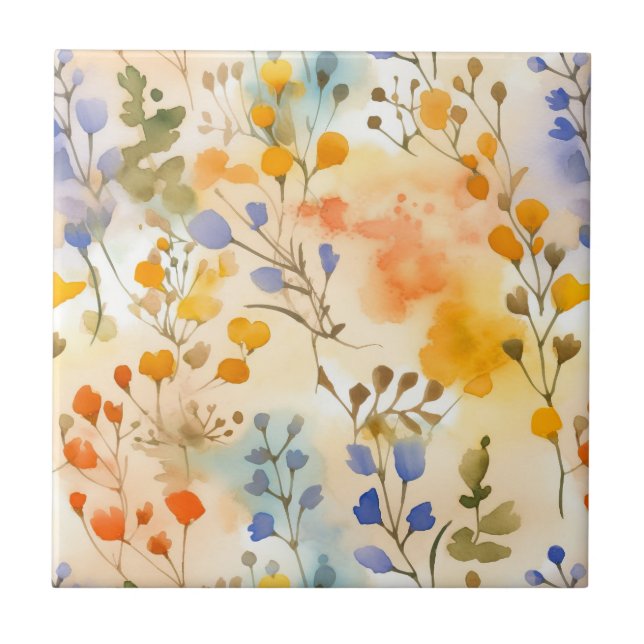 Peach and Periwinkle Floral Ceramic Tile (Front)