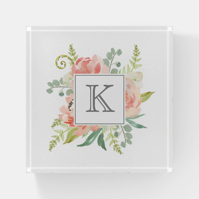 Peach and Pink Floral Bouquet with Monogram Paperweight (Front)