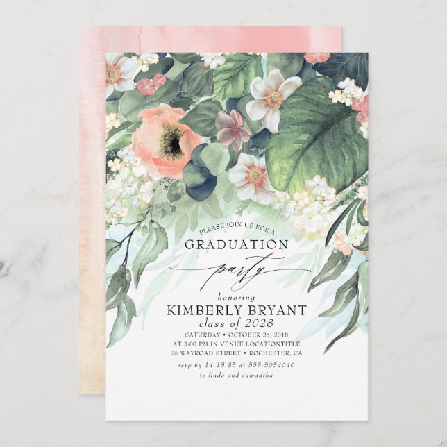 Peach and Pink Floral Elegant Stylish Graduation Invitation (Front/Back)