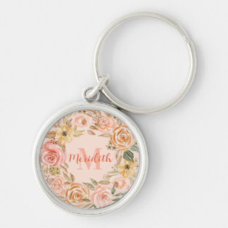 Peach and Pink Floral Wreath Monogrammed Keychain