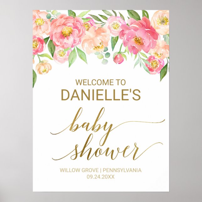 Peach and Pink Peony 18x24" Baby Shower Welcome Poster (Front)