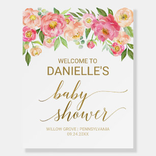 Peach and Pink Peony 22x28" Baby Shower Welcome Foam Board