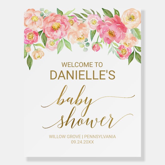 Peach and Pink Peony 22x28" Baby Shower Welcome Foam Board (Front)