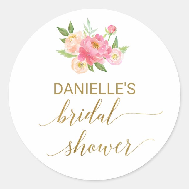Peach and Pink Peony Bridal Shower Favor Sticker (Front)