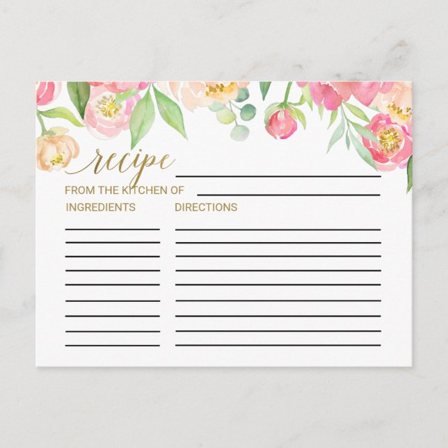 Peach and Pink Peony Bridal Shower Recipe Cards (Front)
