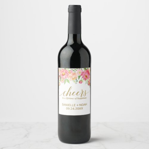 Peach and Pink Peony Cheers Wedding Wine Labels