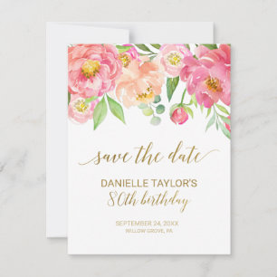 Peach and Pink Peony Flowers 80th Birthday Save The Date