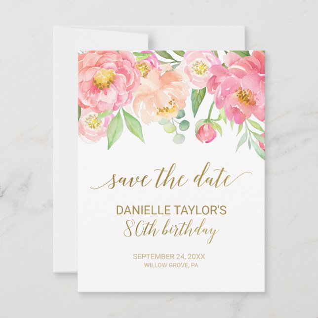 Peach and Pink Peony Flowers 80th Birthday Save The Date (Front)