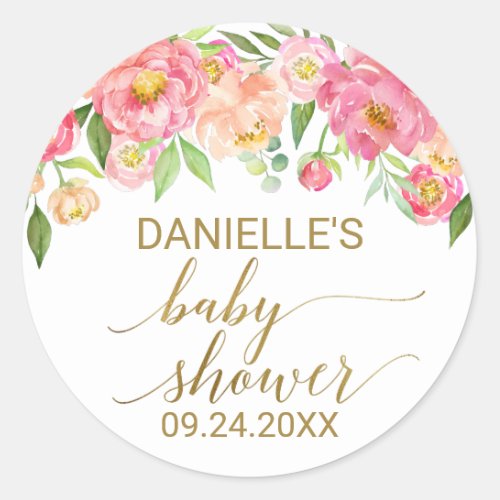 Peach and Pink Peony Flowers Baby Shower Favor Classic Round Sticker