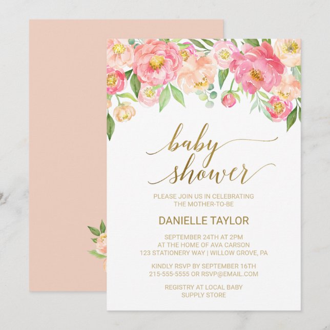 Peach and Pink Peony Flowers Baby Shower Invitation (Front/Back)