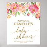 Peach And Pink Peony Flowers Baby Shower Welcome Poster at Zazzle