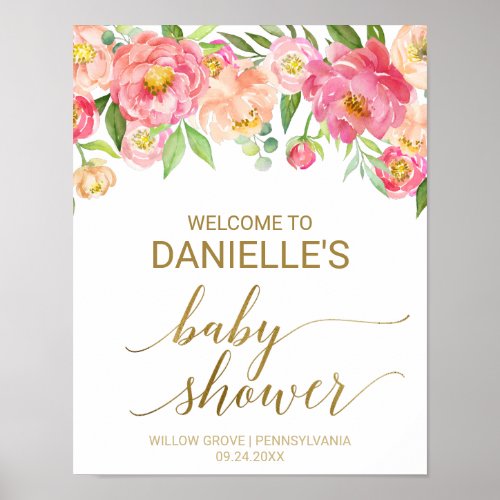 Peach and Pink Peony Flowers Baby Shower Welcome Poster