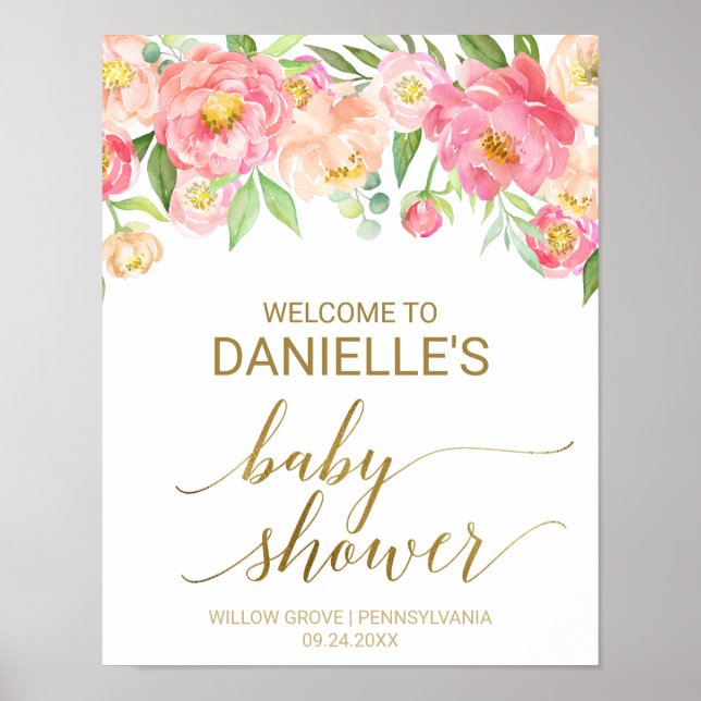 Peach and Pink Peony Flowers Baby Shower Welcome Poster (Front)