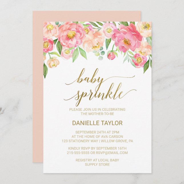 Peach and Pink Peony Flowers Baby Sprinkle Invitation (Front/Back)