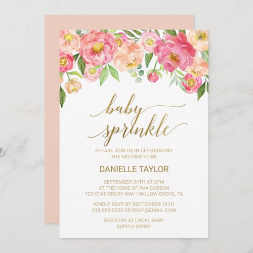 Peach and Pink Peony Flowers Baby Sprinkle Invitation