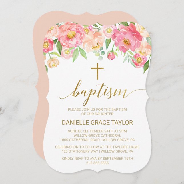 Peach and Pink Peony Flowers Baptism Invitation (Front/Back)