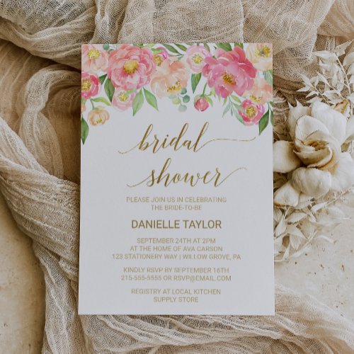 Peach and Pink Peony Flowers Bridal Shower Invitation