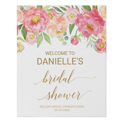 Peach and Pink Peony Flowers Bridal Shower Welcome Faux Canvas Print