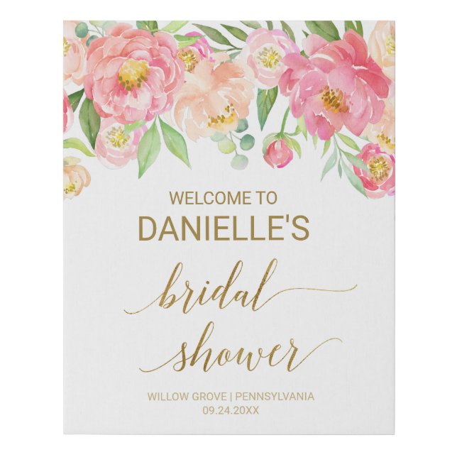 Peach and Pink Peony Flowers Bridal Shower Welcome Faux Canvas Print (Front)
