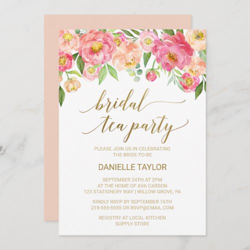Peach and Pink Peony Flowers Bridal Tea Party Invitation