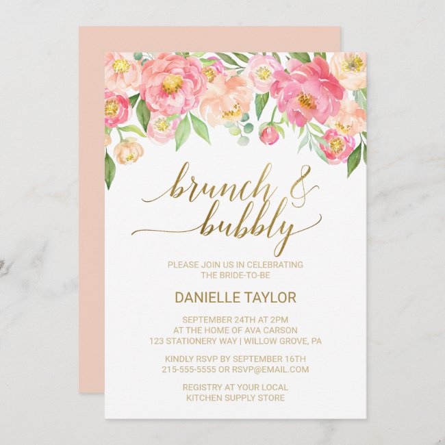 Peach and Pink Peony Flowers Brunch and Bubbly Invitation