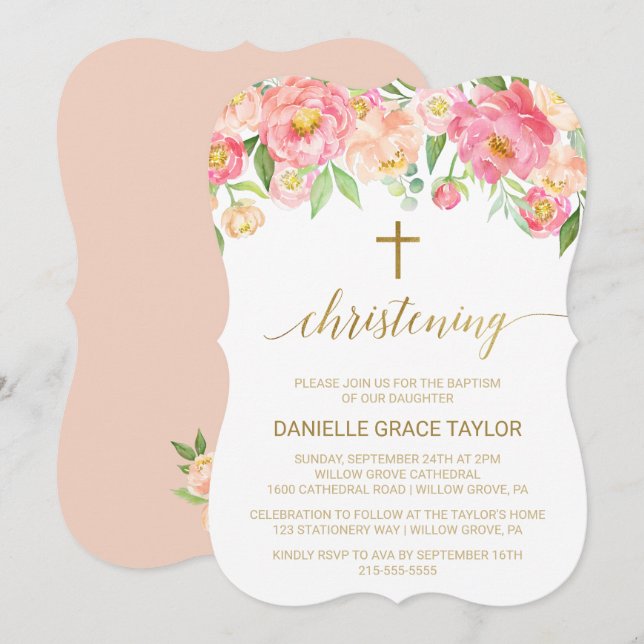Peach and Pink Peony Flowers Christening Invitation (Front/Back)