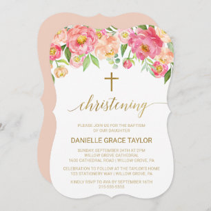 Peach and Pink Peony Flowers Christening Invitation