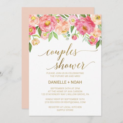 Peach and Pink Peony Flowers Couples Shower Invitation