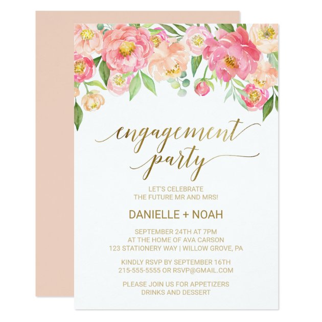 Peach And Pink Peony Flowers Engagement Party Invitation