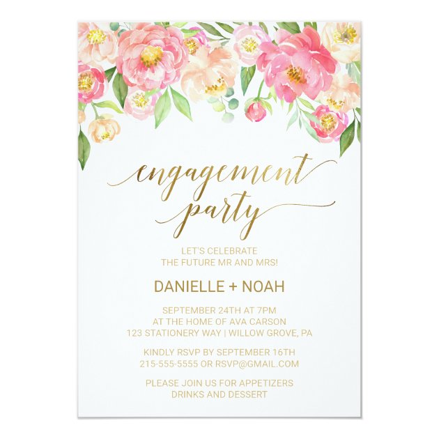 Peach And Pink Peony Flowers Engagement Party Invitation