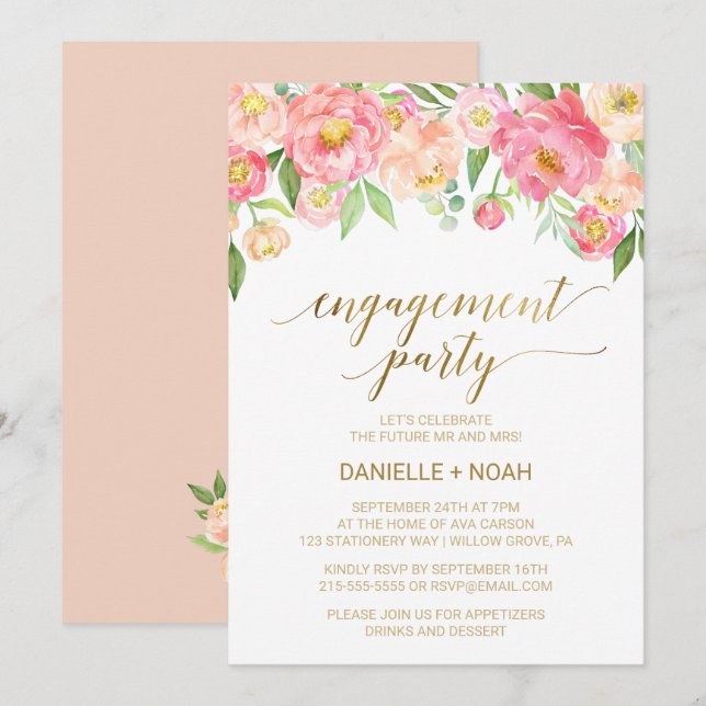 Peach and Pink Peony Flowers Engagement Party Invitation (Front/Back)