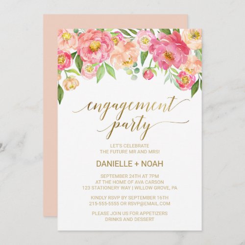 Peach and Pink Peony Flowers Engagement Party Invitation