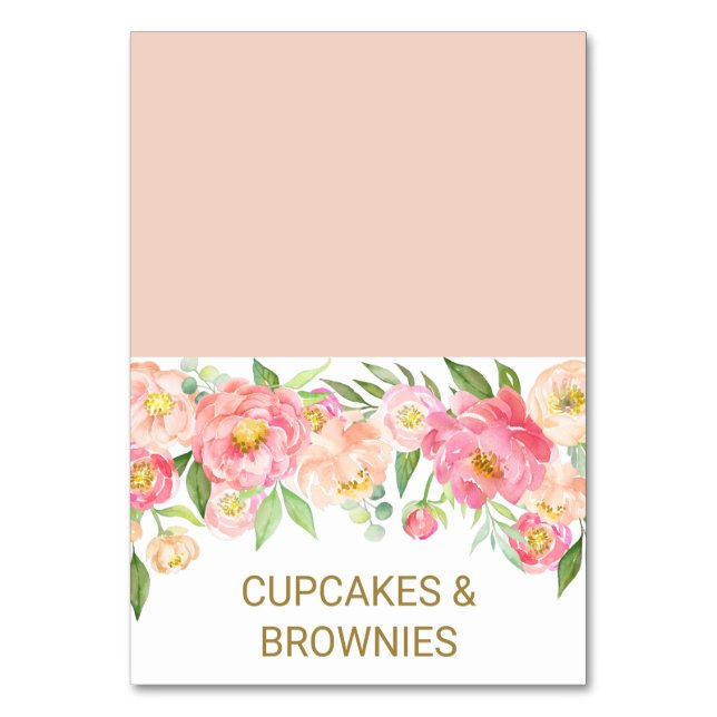 Peach and Pink Peony Flowers Food Tent Cards (Front)