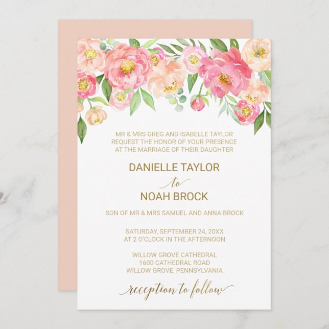 Peach and Pink Peony Flowers Formal Wedding Invitation (Front/Back)