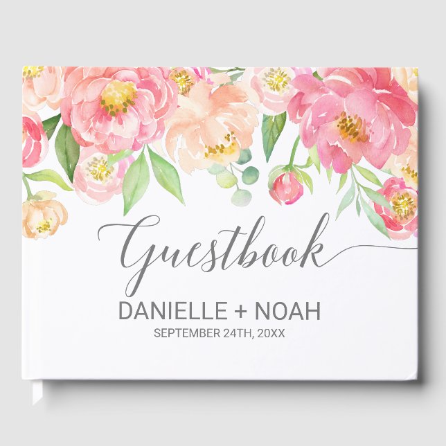 Peach and Pink Peony Flowers Gray Wedding Guest Book (Front)