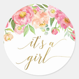 Peach and Pink Peony Flowers It's A Girl Favor Classic Round Sticker