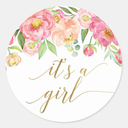 Peach and Pink Peony Flowers Its A Girl Favor Classic Round Sticker