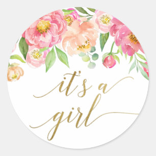 Peach and Pink Peony Flowers It's A Girl Favor Classic Round Sticker